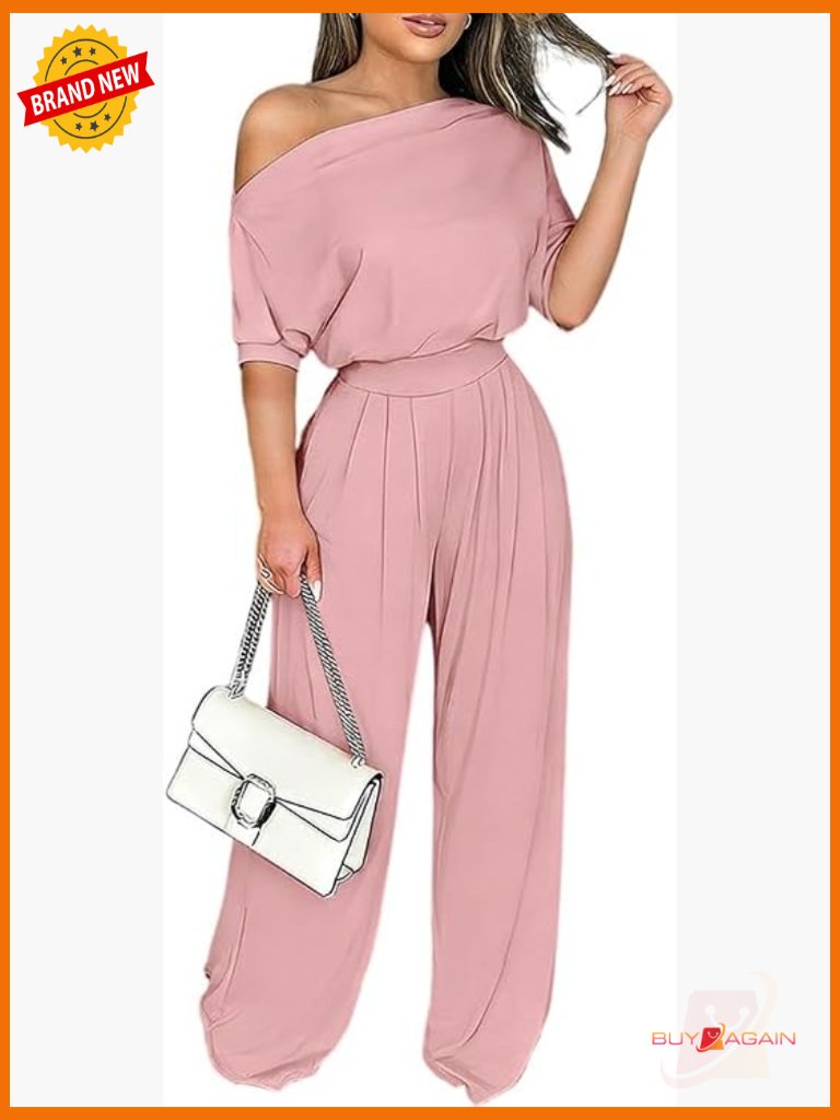One Shoulder Jumpsuit Batwing Sleeve High Waist Wide Leg With Pockets